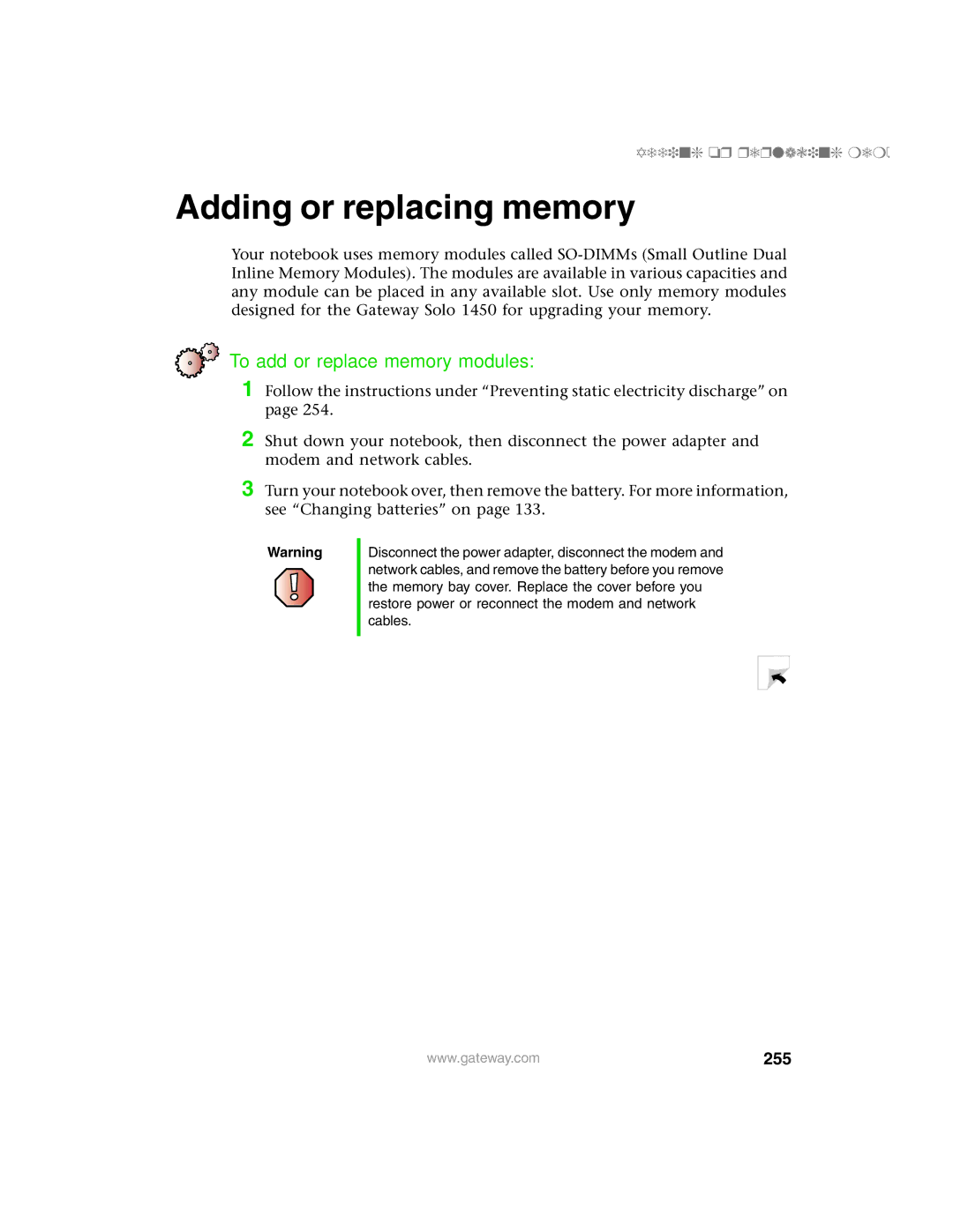 Gateway 1450 specifications To add or replace memory modules, 255, Adding or replacing memory 