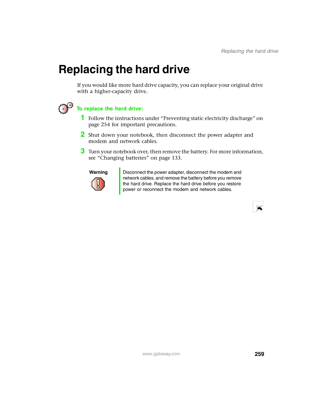 Gateway 1450 specifications To replace the hard drive, 259, Replacing the hard drive 