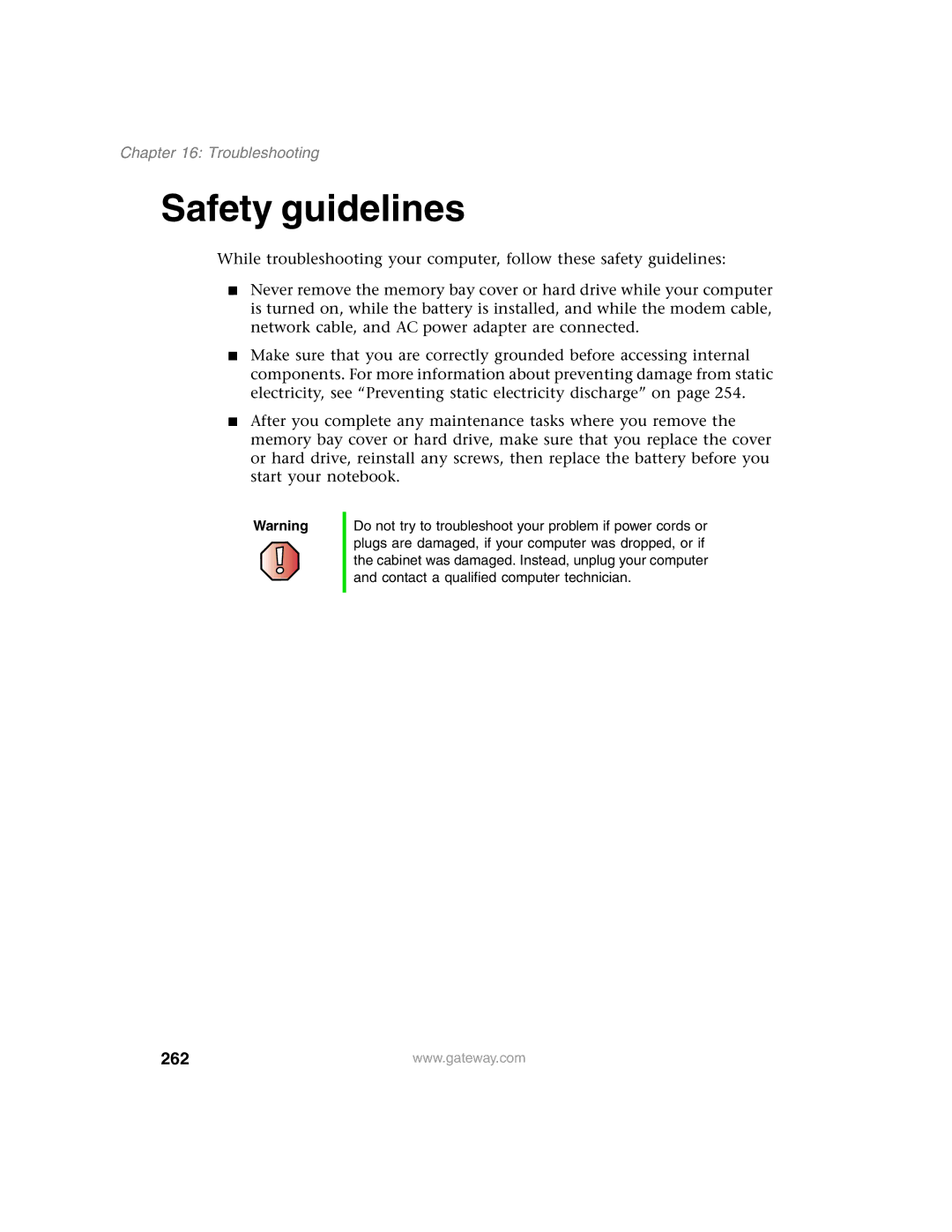 Gateway 1450 specifications Safety guidelines, 262, Troubleshooting 