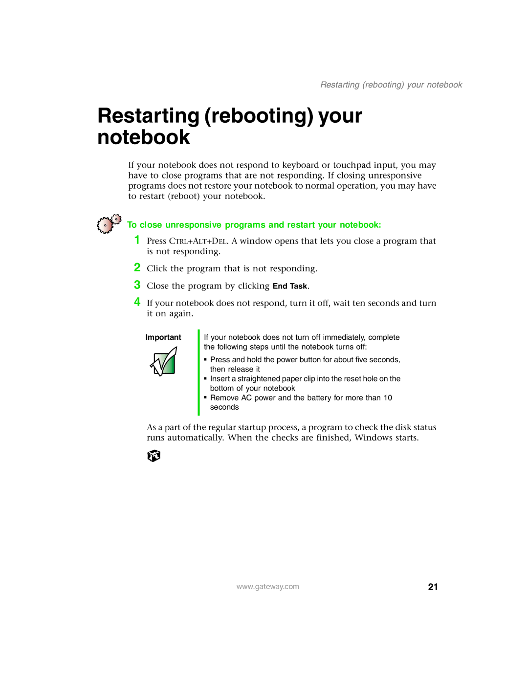 Gateway 1450 specifications Restarting rebooting your notebook, To close unresponsive programs and restart your notebook 