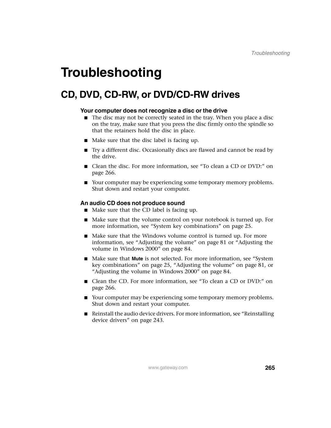 Gateway 1450 Troubleshooting, CD, DVD, CD-RW, or DVD/CD-RW drives, Your computer does not recognize a disc or the drive 