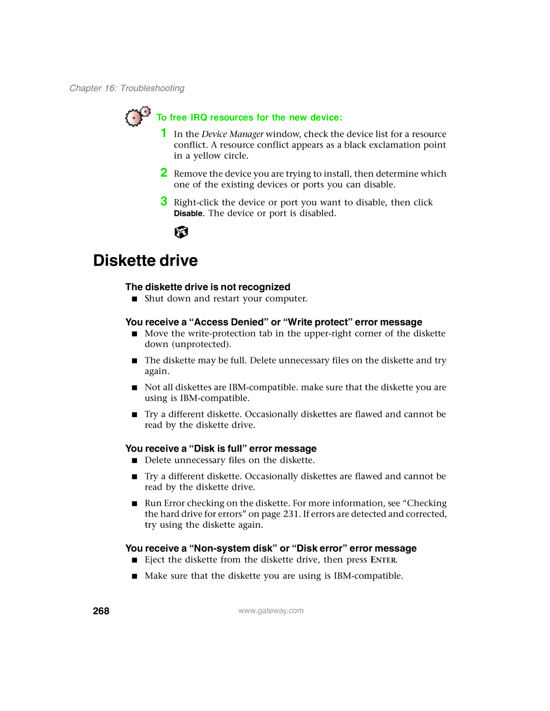 Gateway 1450 specifications Diskette drive, To free IRQ resources for the new device, 268 