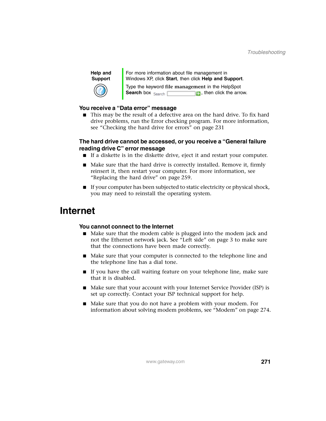 Gateway 1450 specifications You receive a Data error message, You cannot connect to the Internet, 271 