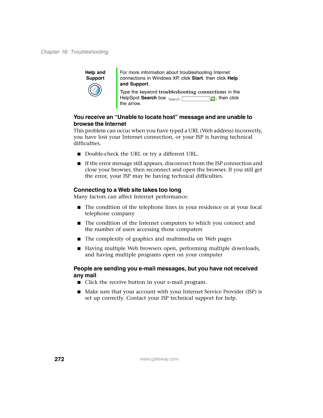 Gateway 1450 specifications Connecting to a Web site takes too long, 272 