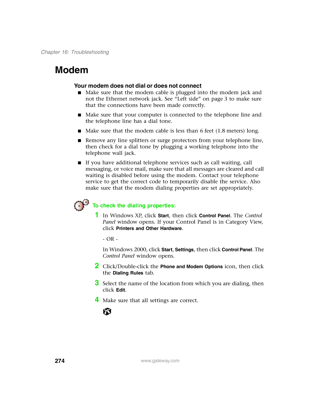 Gateway 1450 specifications Modem, To check the dialing properties, Your modem does not dial or does not connect, 274 