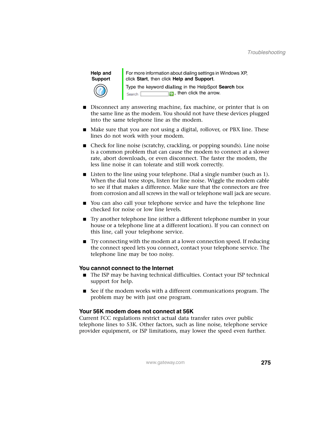 Gateway 1450 specifications Your 56K modem does not connect at 56K, 275 