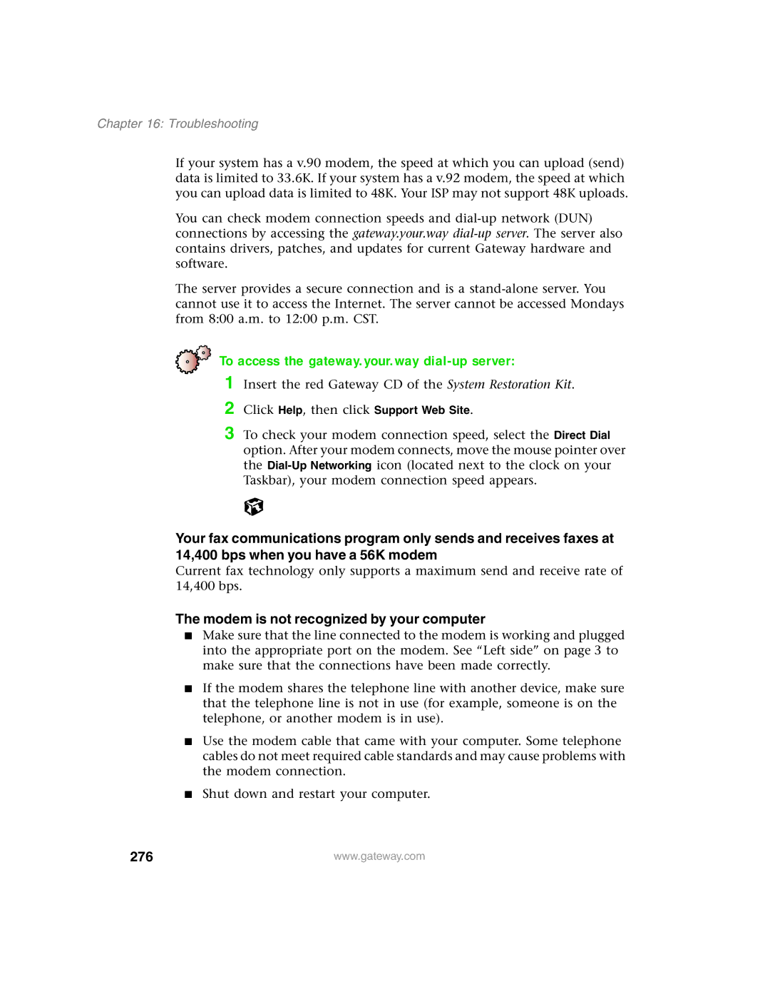 Gateway 1450 specifications To access the gateway.your.way dial-up server, Modem is not recognized by your computer, 276 