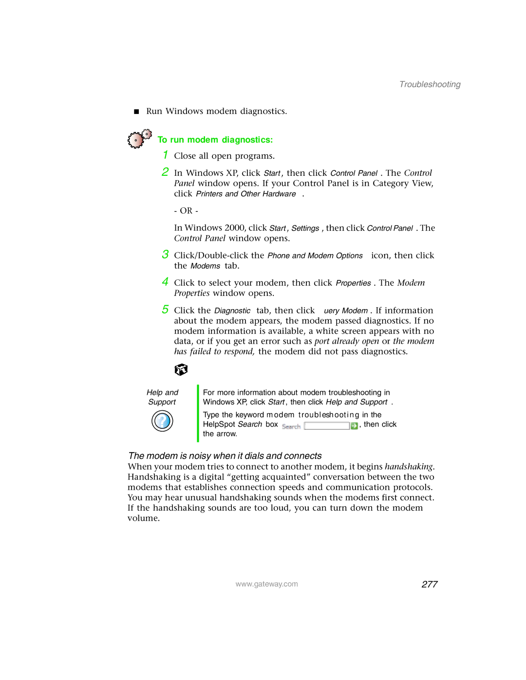 Gateway 1450 specifications To run modem diagnostics, Modem is noisy when it dials and connects, 277 