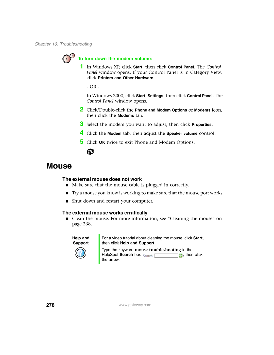 Gateway 1450 Mouse, To turn down the modem volume, External mouse does not work, External mouse works erratically, 278 