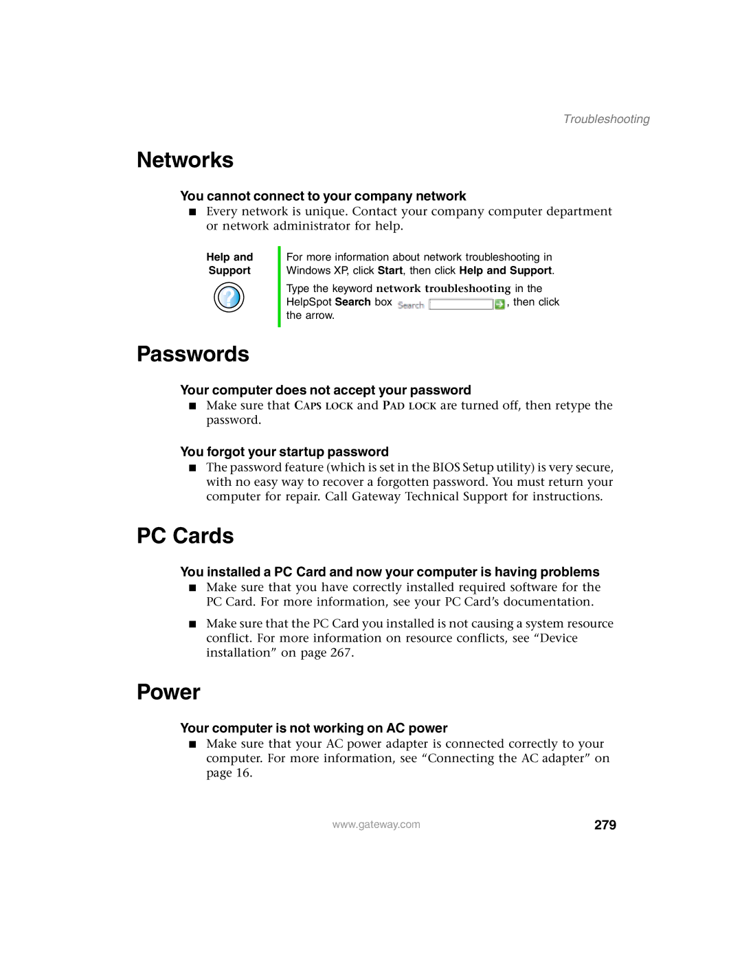 Gateway 1450 specifications Networks, Passwords, PC Cards, Power, 279 