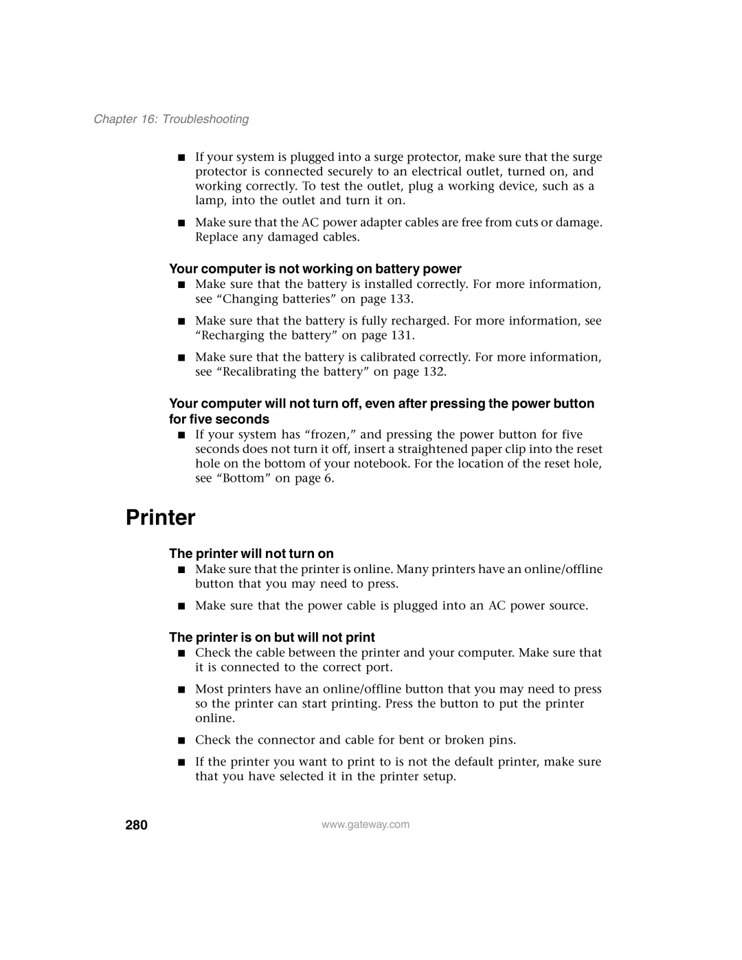 Gateway 1450 Your computer is not working on battery power, Printer will not turn on, Printer is on but will not print 