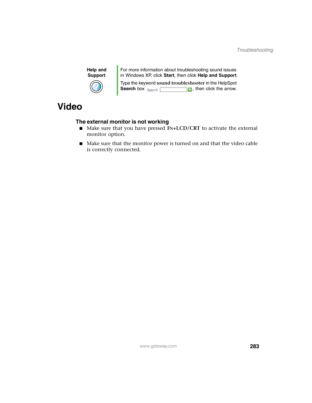 Gateway 1450 specifications Video, External monitor is not working, 283 