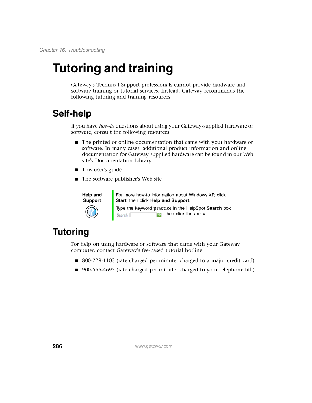 Gateway 1450 specifications Tutoring and training, Self-help, 286 