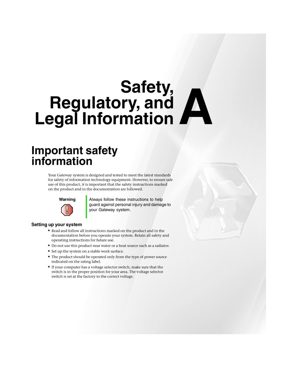 Gateway 1450 specifications Important safety information, Setting up your system 