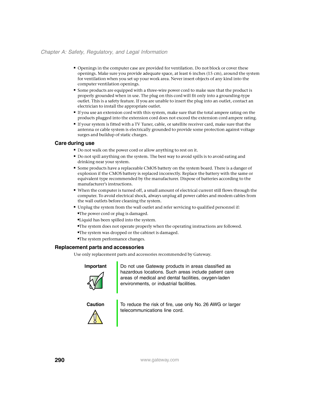 Gateway 1450 290, Chapter a Safety, Regulatory, and Legal Information, Care during use, Replacement parts and accessories 