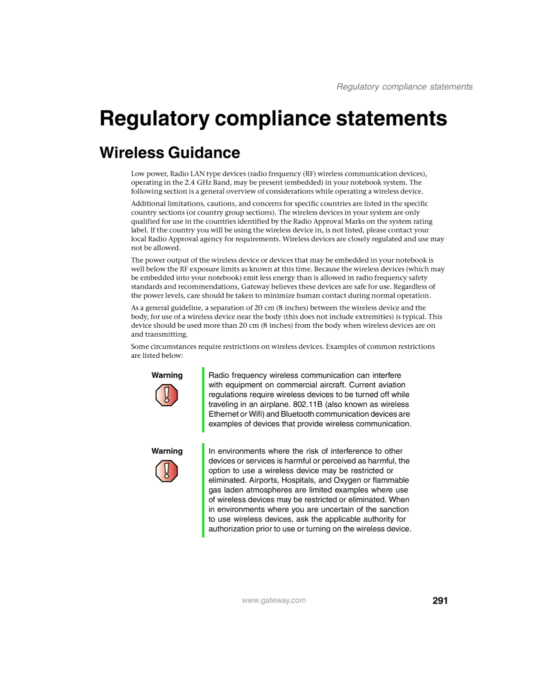 Gateway 1450 specifications Regulatory compliance statements, Wireless Guidance, 291 