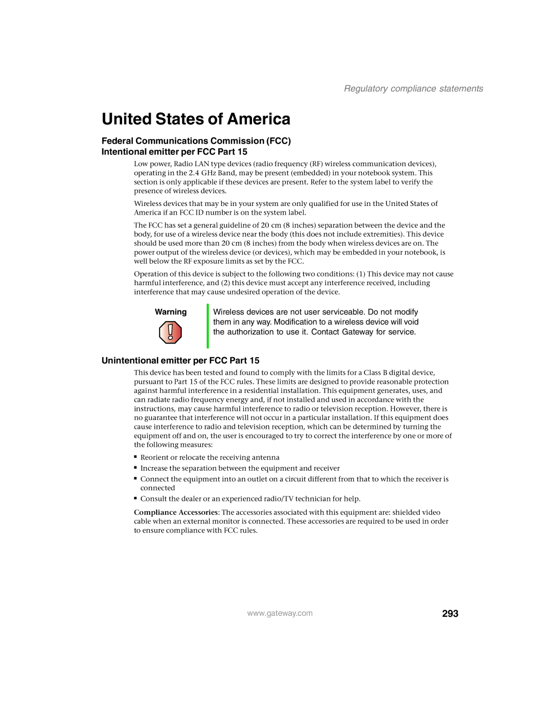 Gateway 1450 specifications United States of America, 293, Unintentional emitter per FCC Part 