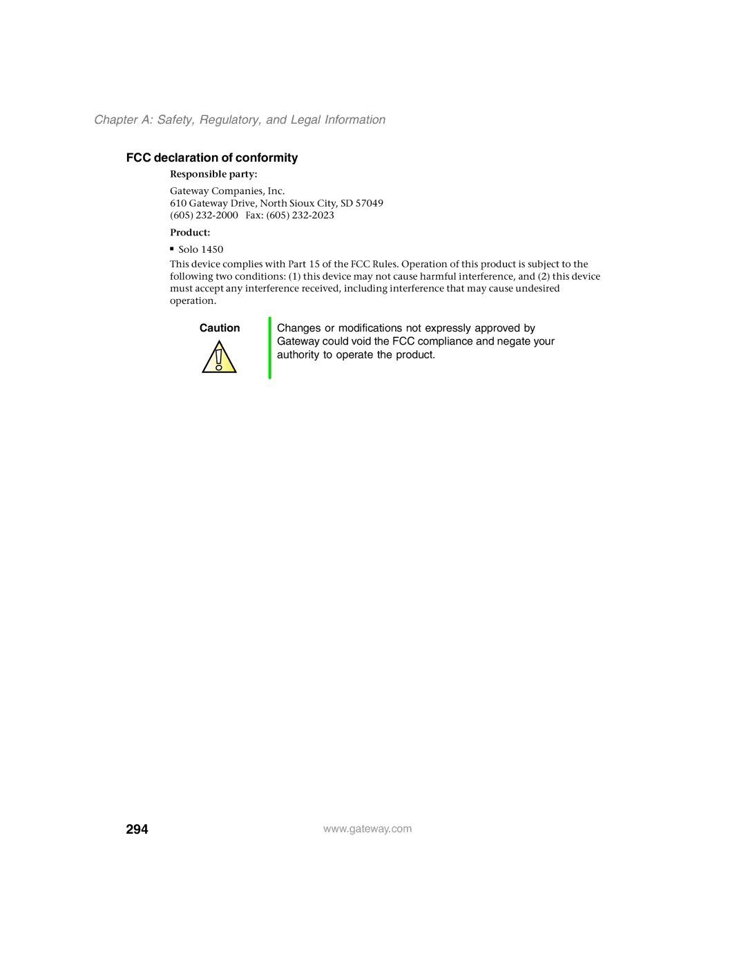 Gateway 1450 specifications 294, FCC declaration of conformity 