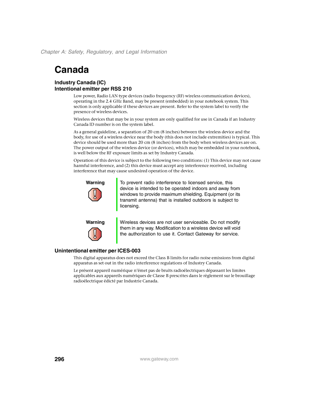 Gateway 1450 specifications 296, Industry Canada IC Intentional emitter per RSS, Unintentional emitter per ICES-003 