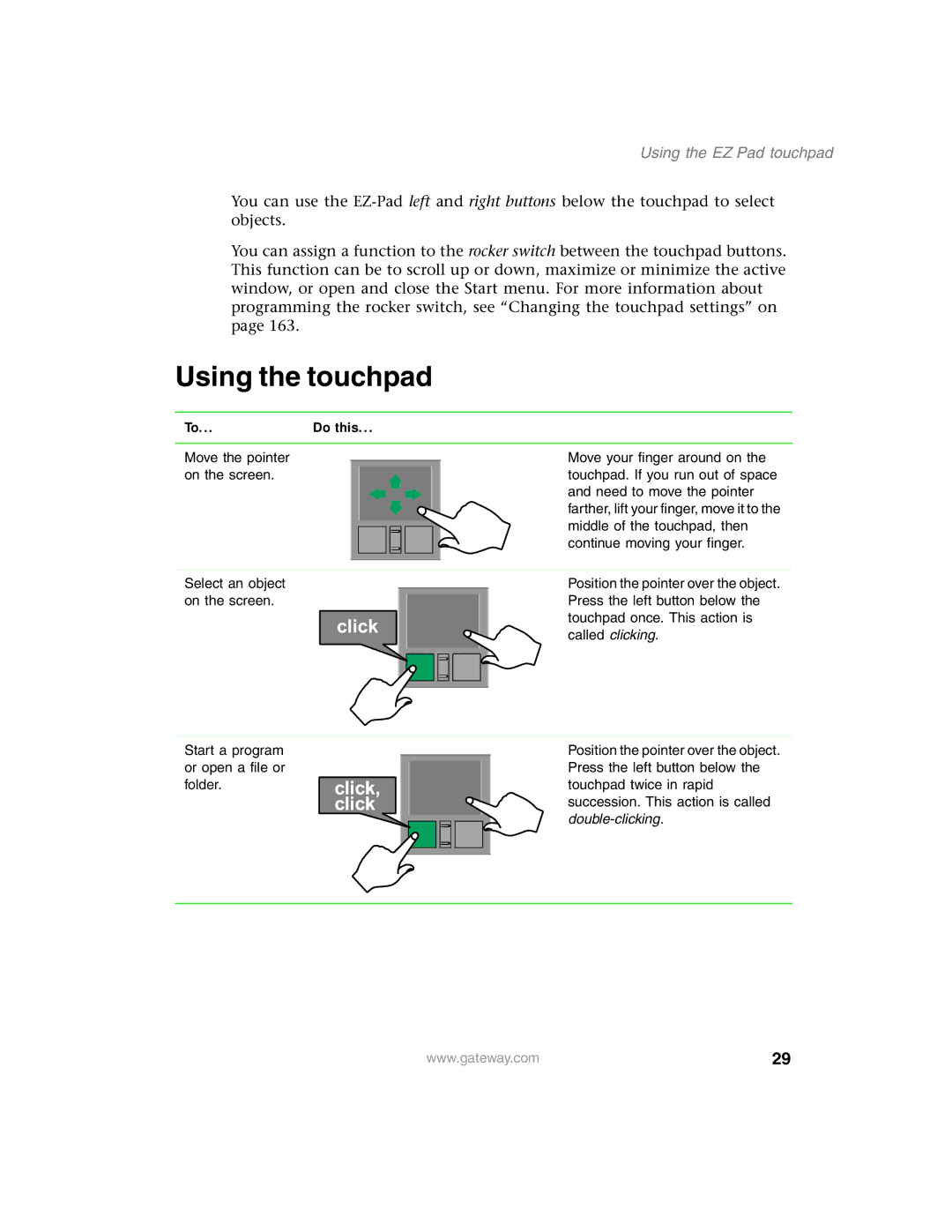 Gateway 1450 specifications Using the touchpad, Using the EZ Pad touchpad 