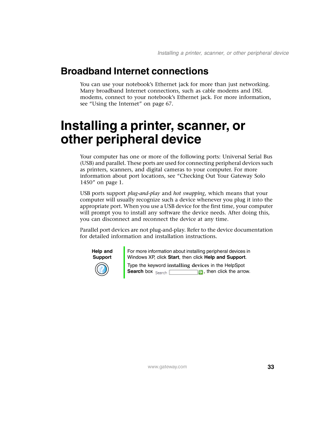 Gateway 1450 specifications Installing a printer, scanner, or other peripheral device, Broadband Internet connections 