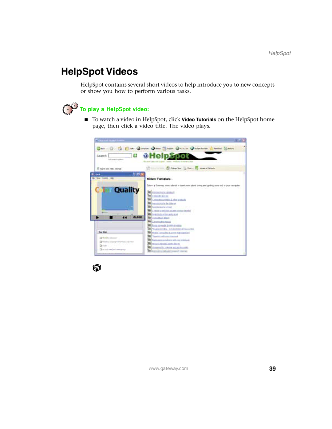 Gateway 1450 specifications HelpSpot Videos, To play a HelpSpot video 