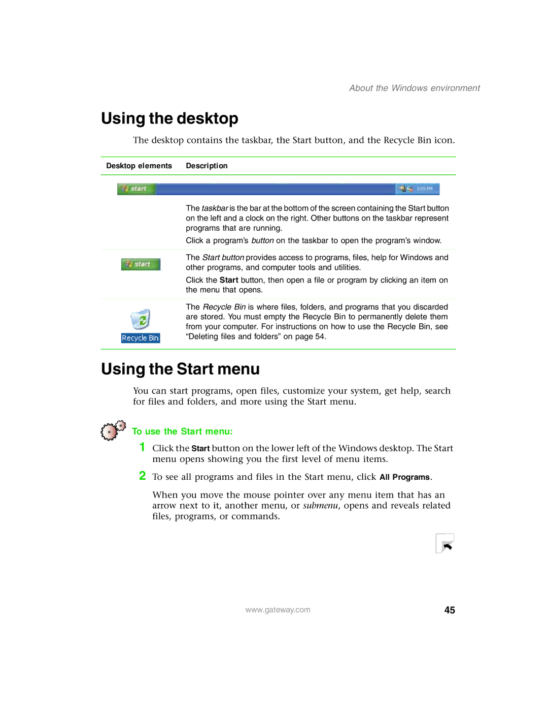 Gateway 1450 specifications Using the desktop, Using the Start menu, To use the Start menu, About the Windows environment 