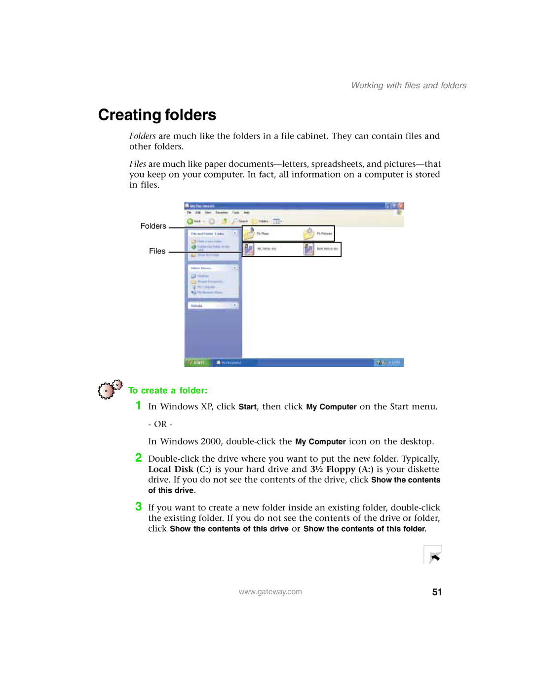 Gateway 1450 specifications Creating folders, To create a folder 