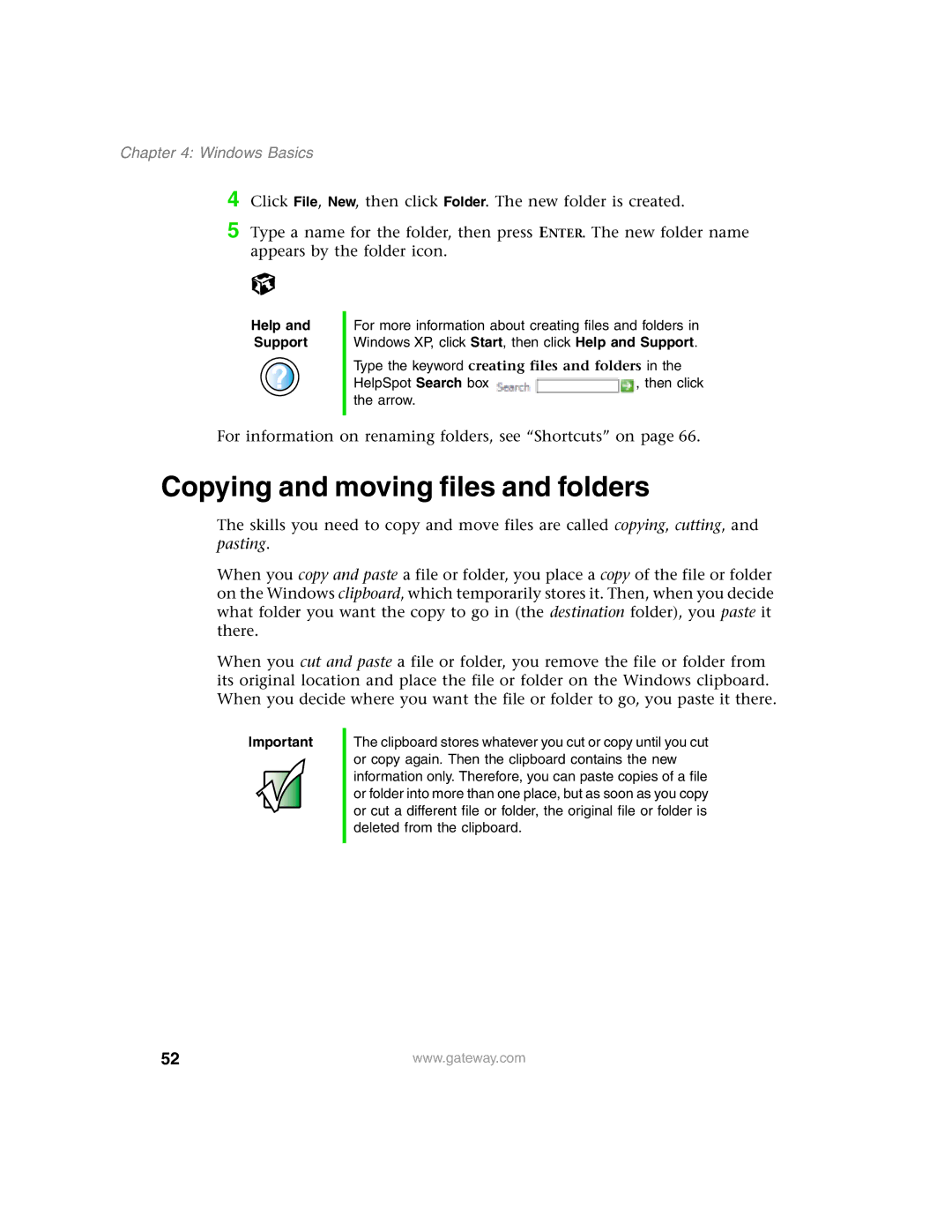 Gateway 1450 specifications Copying and moving files and folders 