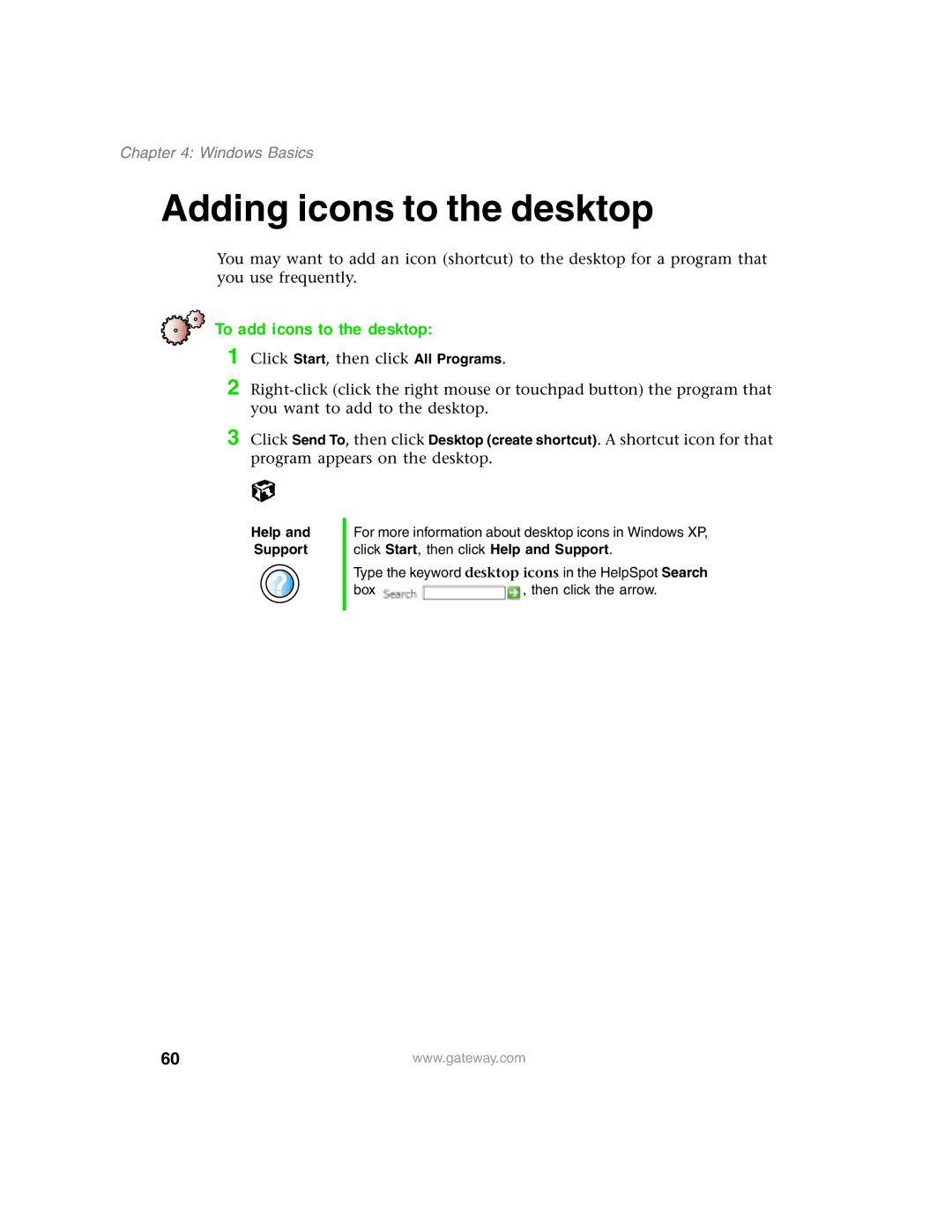 Gateway 1450 specifications Adding icons to the desktop, To add icons to the desktop 