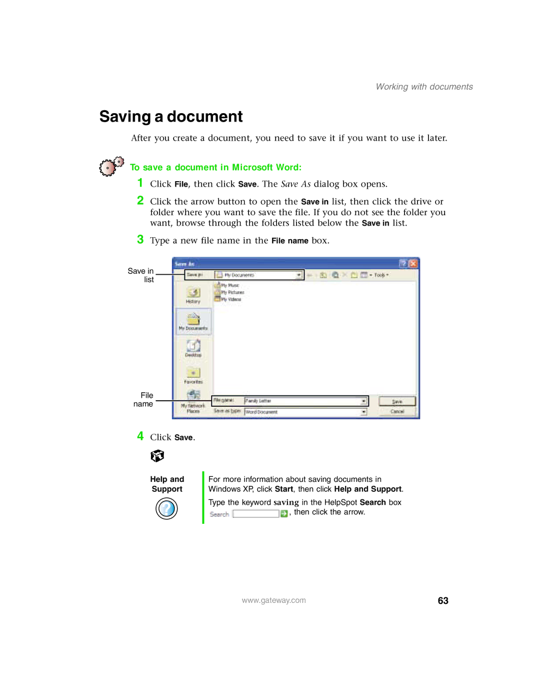 Gateway 1450 specifications Saving a document, To save a document in Microsoft Word 