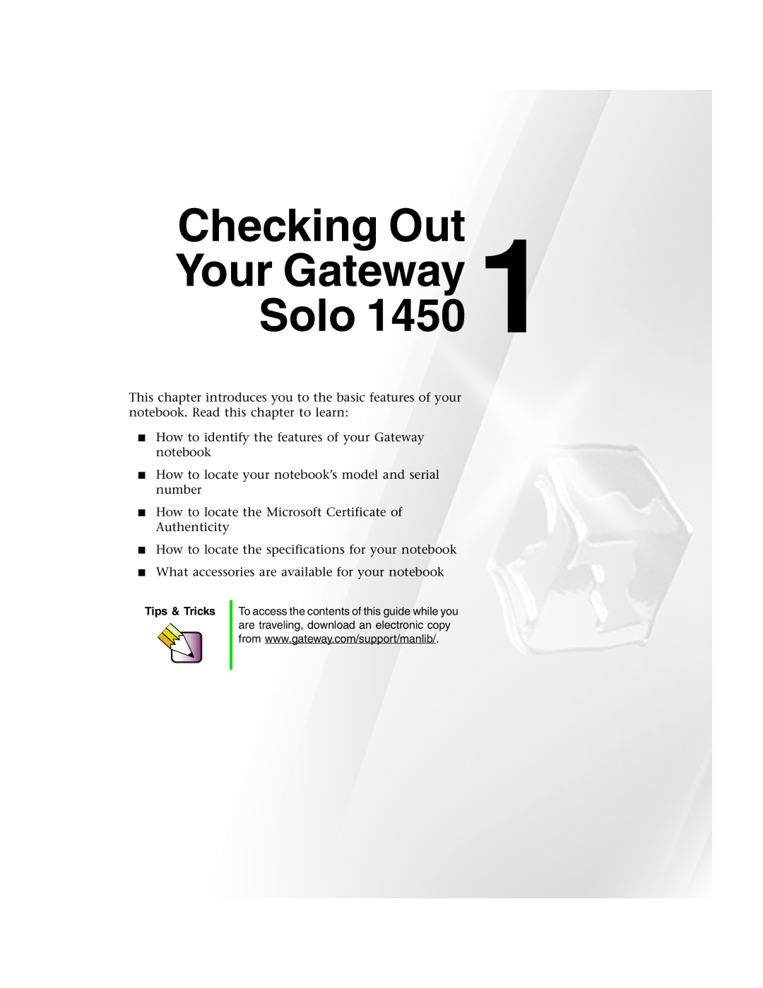 Gateway 1450 specifications Checking Out Your Gateway Solo 