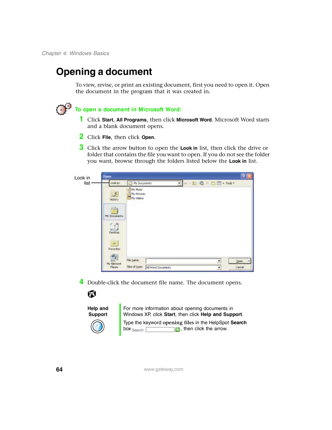 Gateway 1450 specifications Opening a document, To open a document in Microsoft Word 