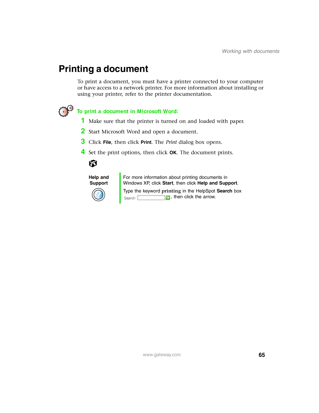 Gateway 1450 specifications Printing a document, To print a document in Microsoft Word 