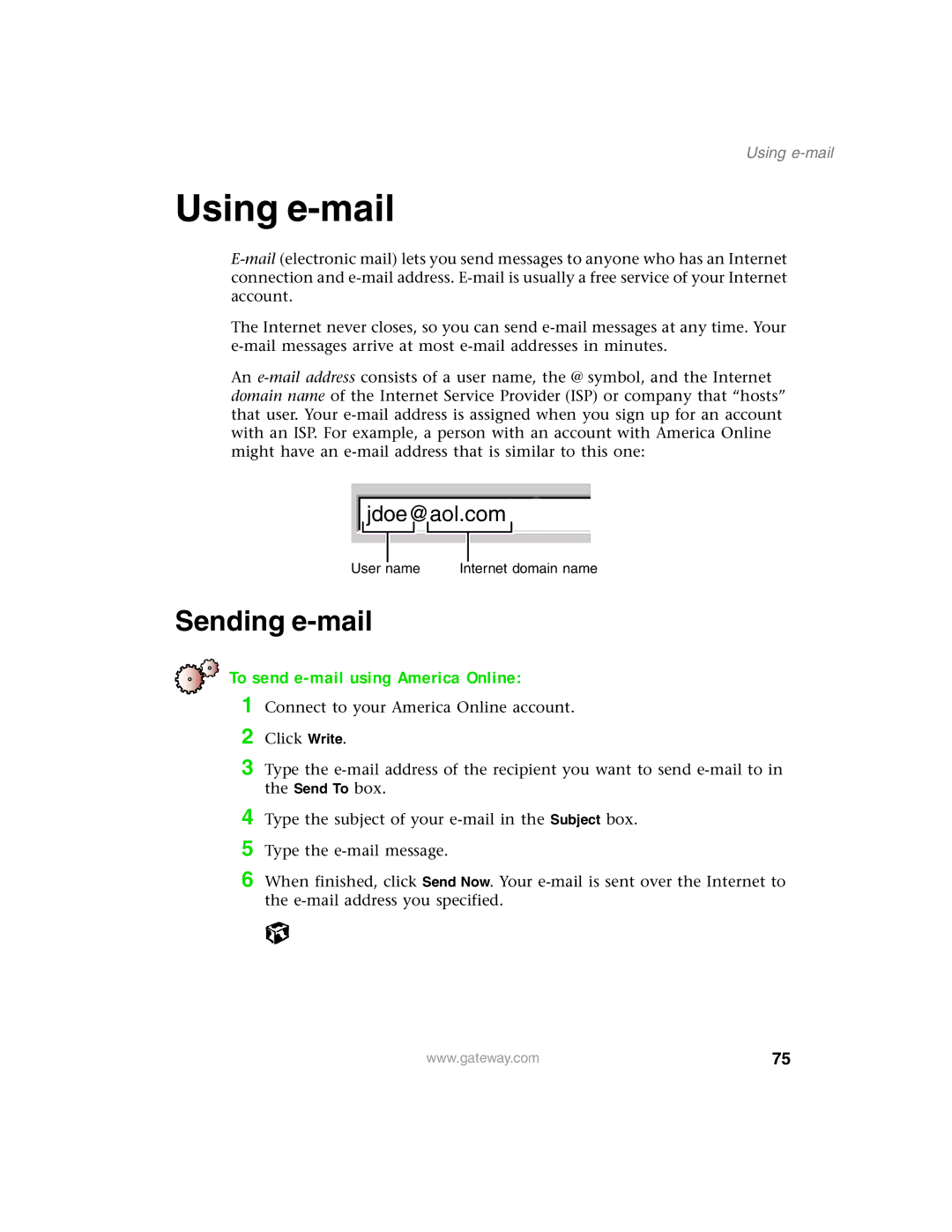 Gateway 1450 specifications Using e-mail, Sending e-mail, To send e-mail using America Online 