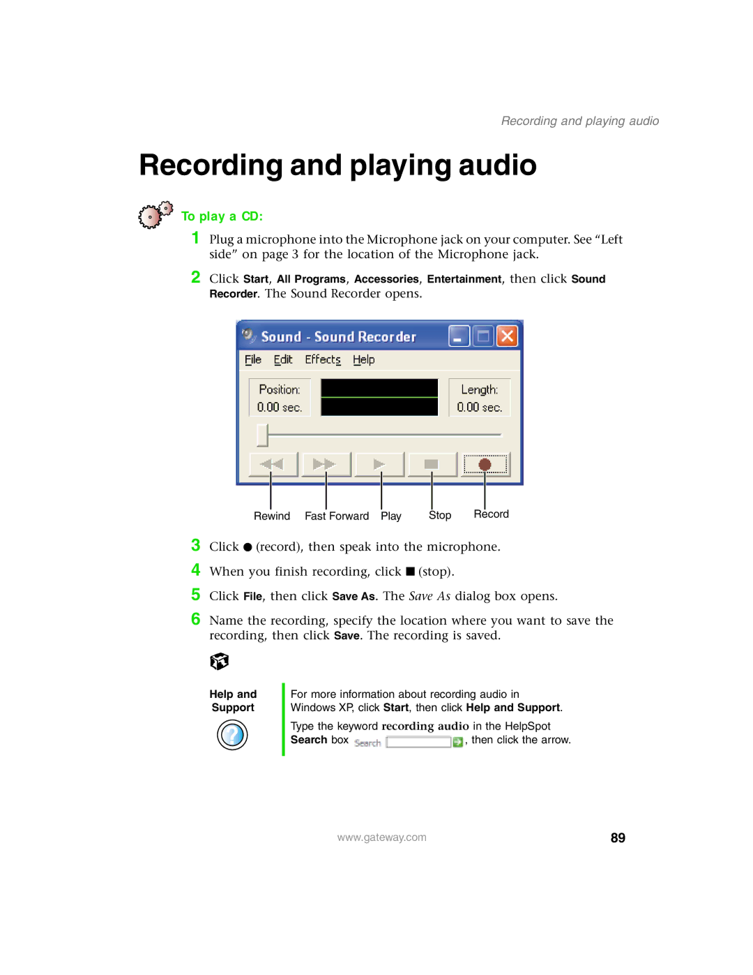 Gateway 1450 specifications Recording and playing audio 