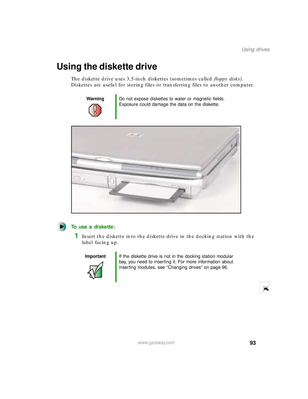 Gateway 200 manual Using the diskette drive, To use a diskette, Using drives 