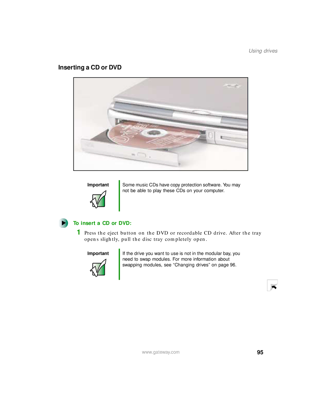 Gateway 200 manual Inserting a CD or DVD, To insert a CD or DVD 