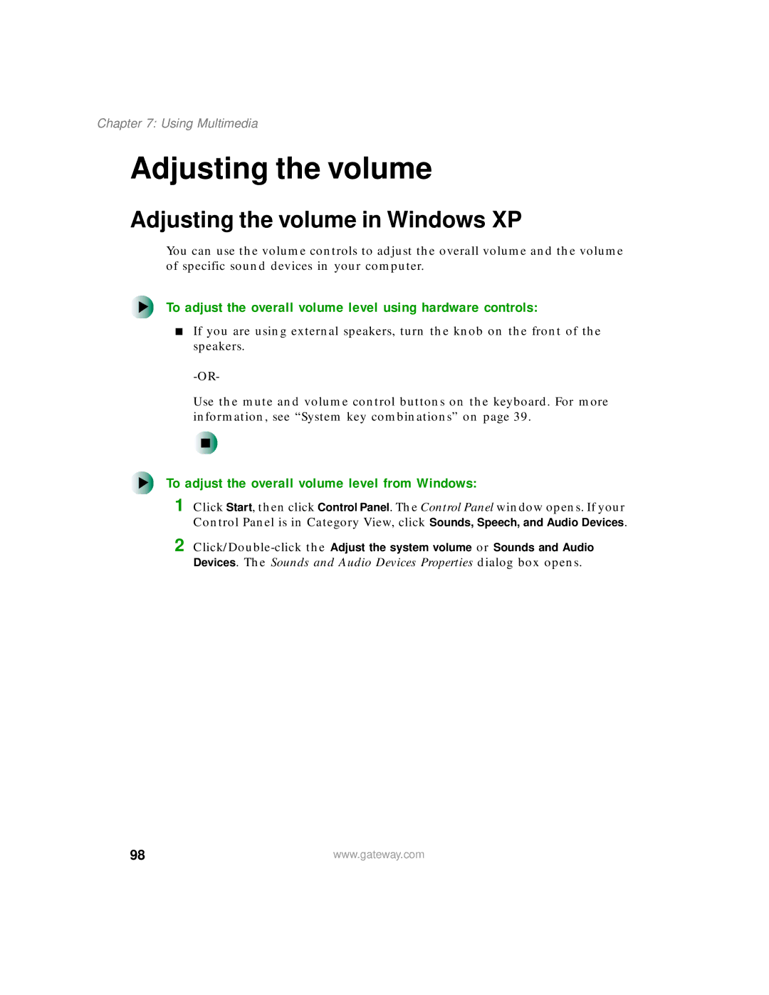 Gateway 200 manual Adjusting the volume in Windows XP, To adjust the overall volume level using hardware controls 