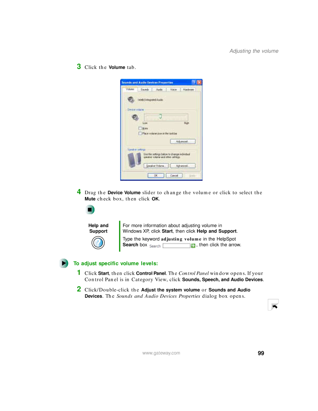 Gateway 200 manual To adjust specific volume levels, Adjusting the volume 