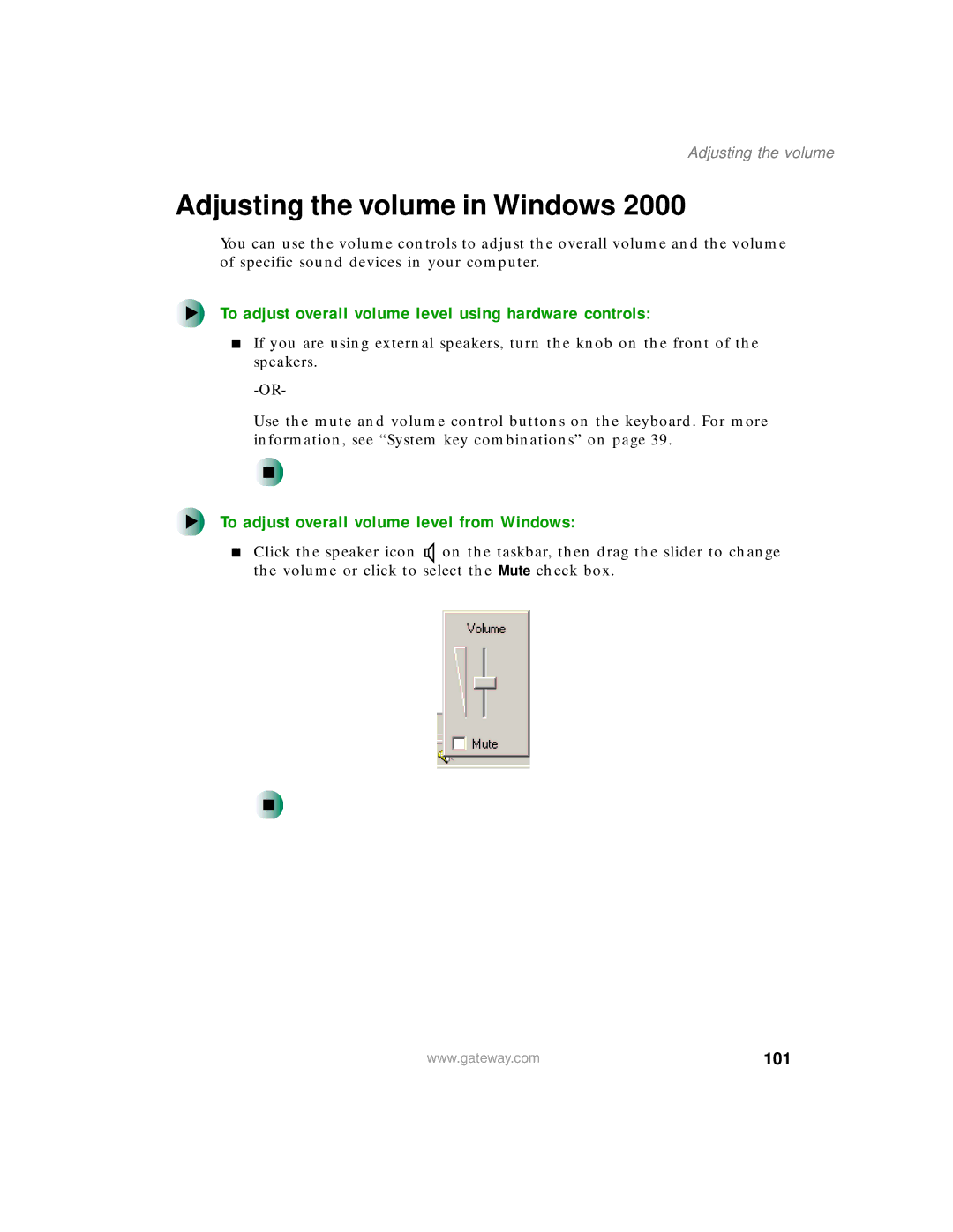 Gateway 200 manual Adjusting the volume in Windows, To adjust overall volume level using hardware controls, 101 