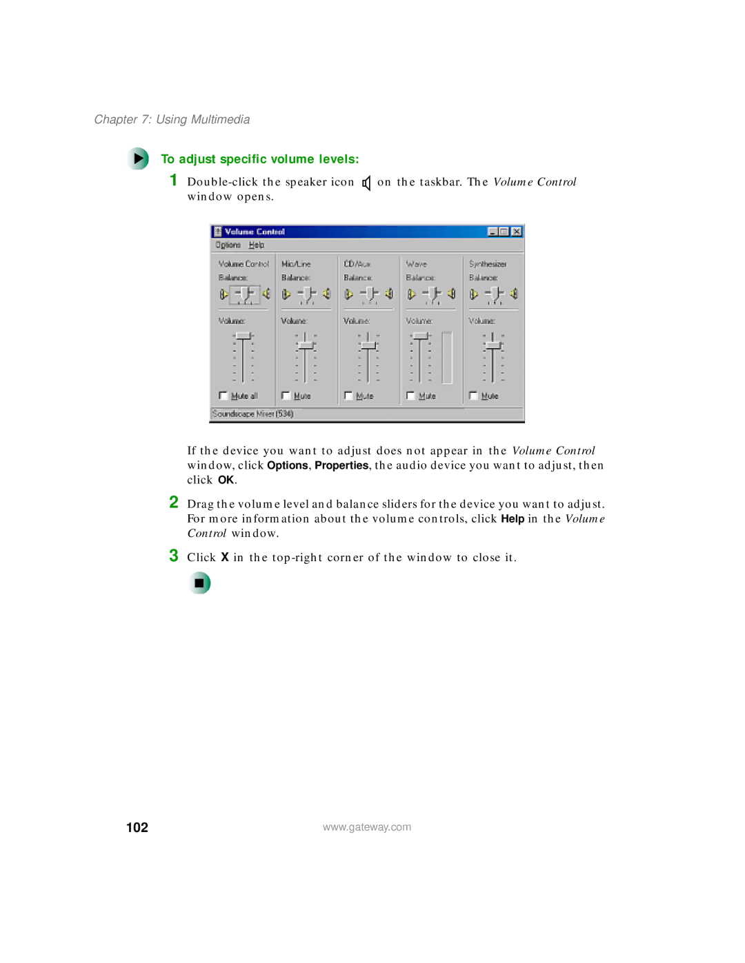 Gateway 200 manual To adjust specific volume levels, 102 