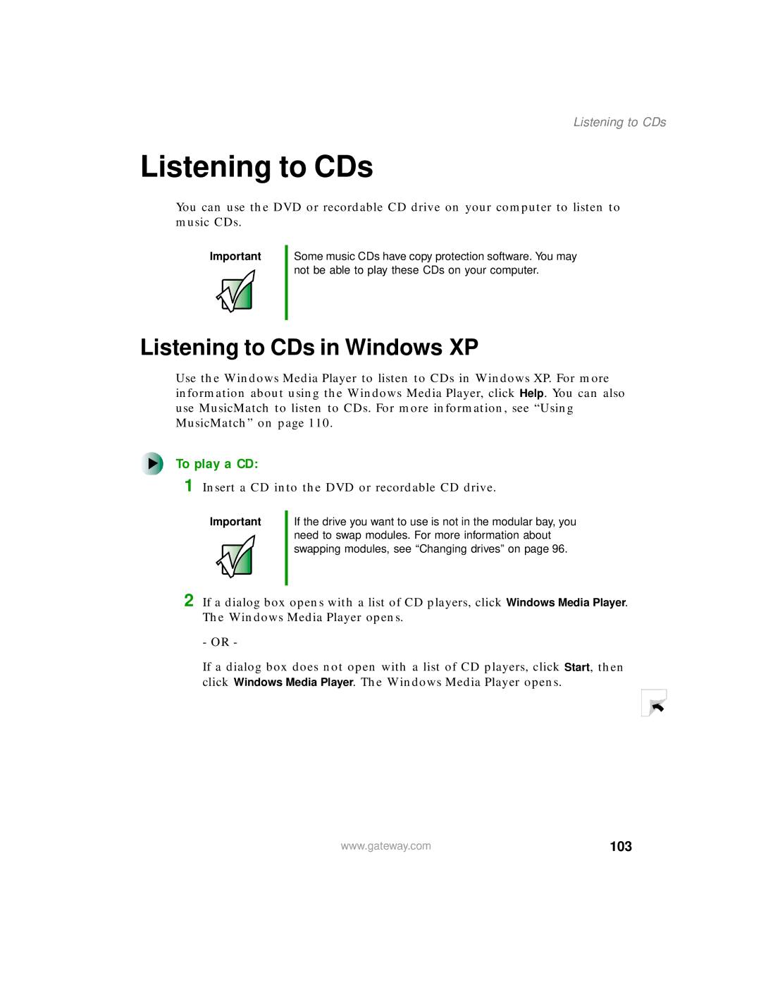 Gateway 200 manual Listening to CDs in Windows XP, To play a CD, 103 