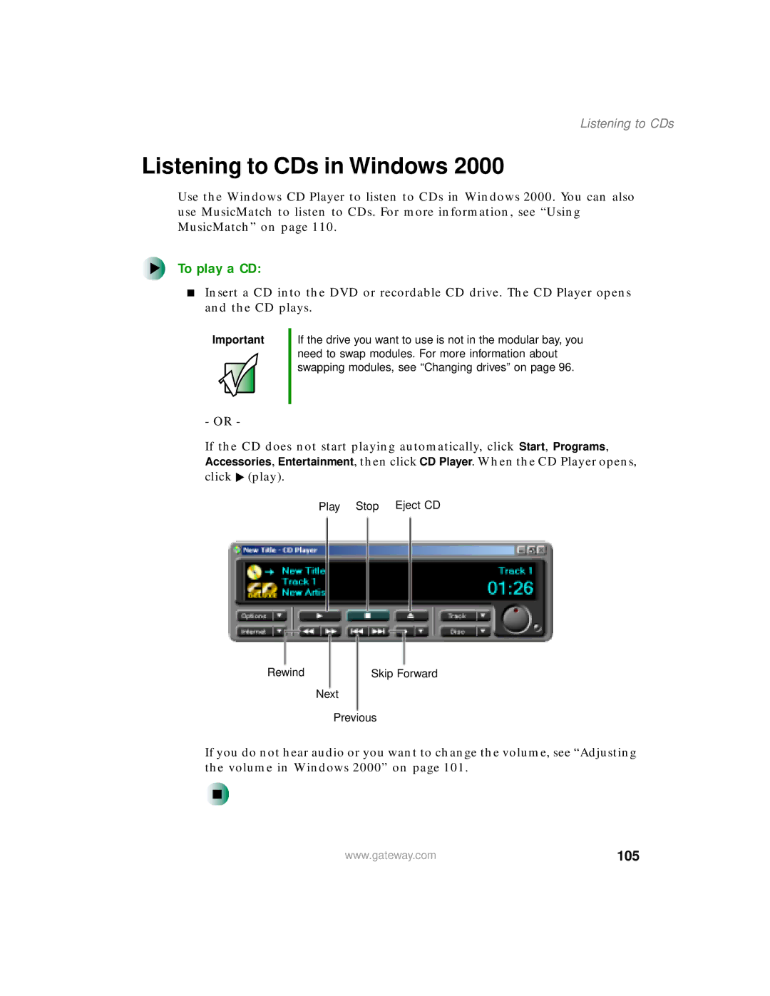 Gateway 200 manual Listening to CDs in Windows, 105 