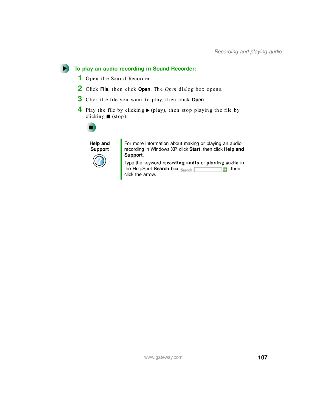 Gateway 200 manual To play an audio recording in Sound Recorder, 107, Recording and playing audio 