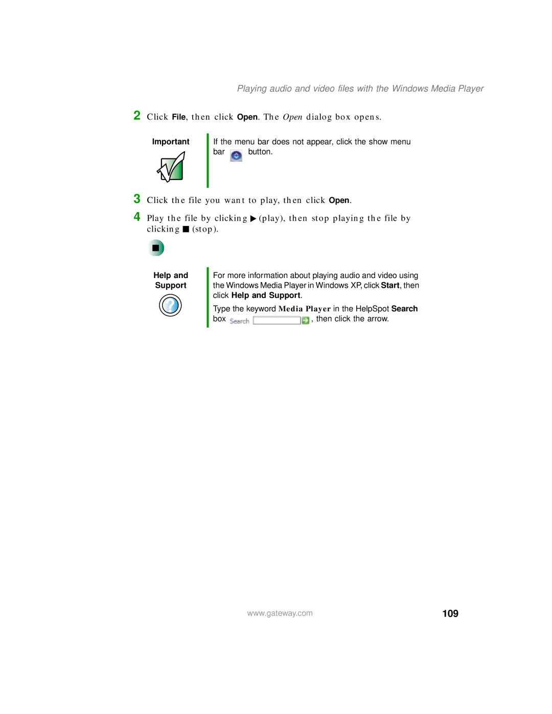 Gateway 200 manual 109, Playing audio and video files with the Windows Media Player 