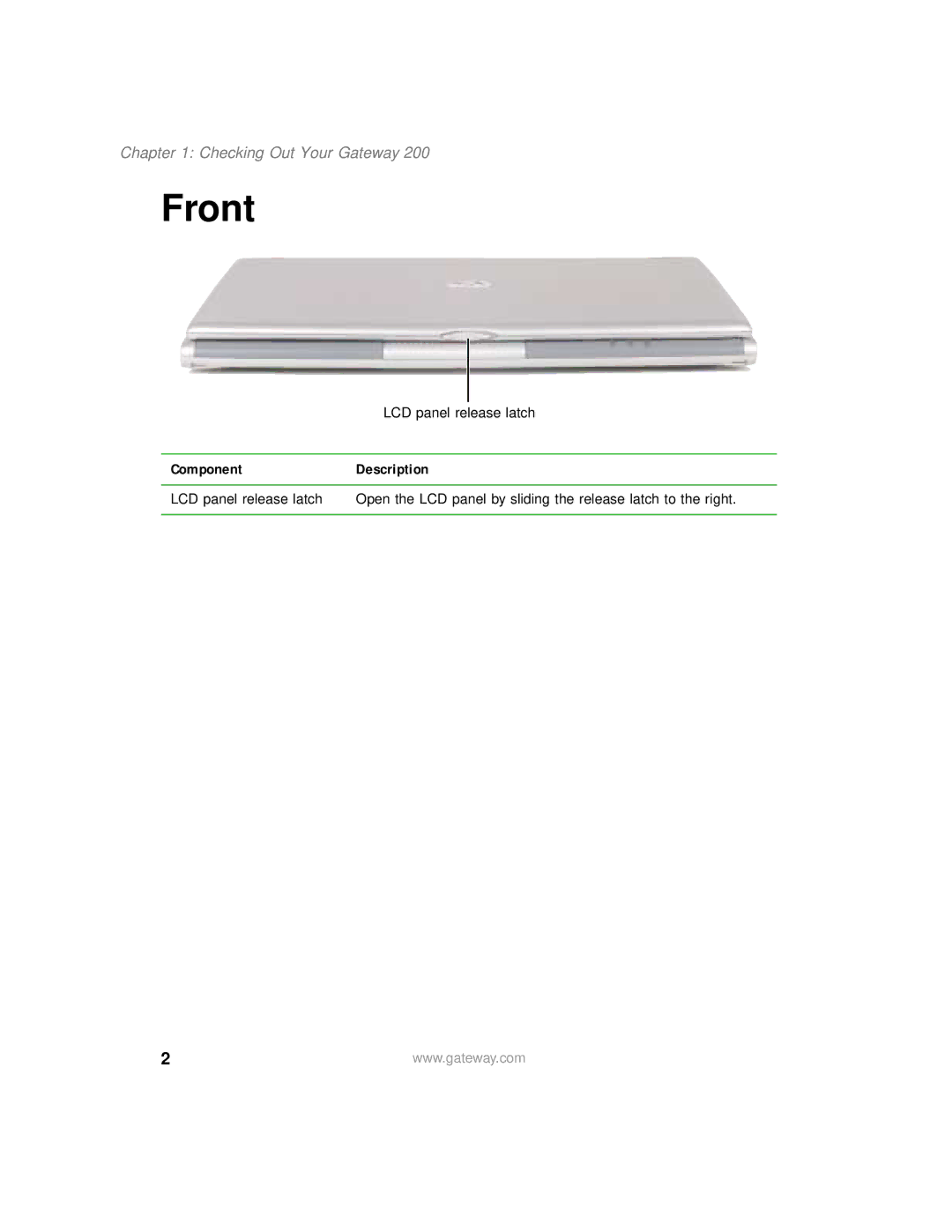 Gateway 200 manual Front, Checking Out Your Gateway, ComponentDescription 