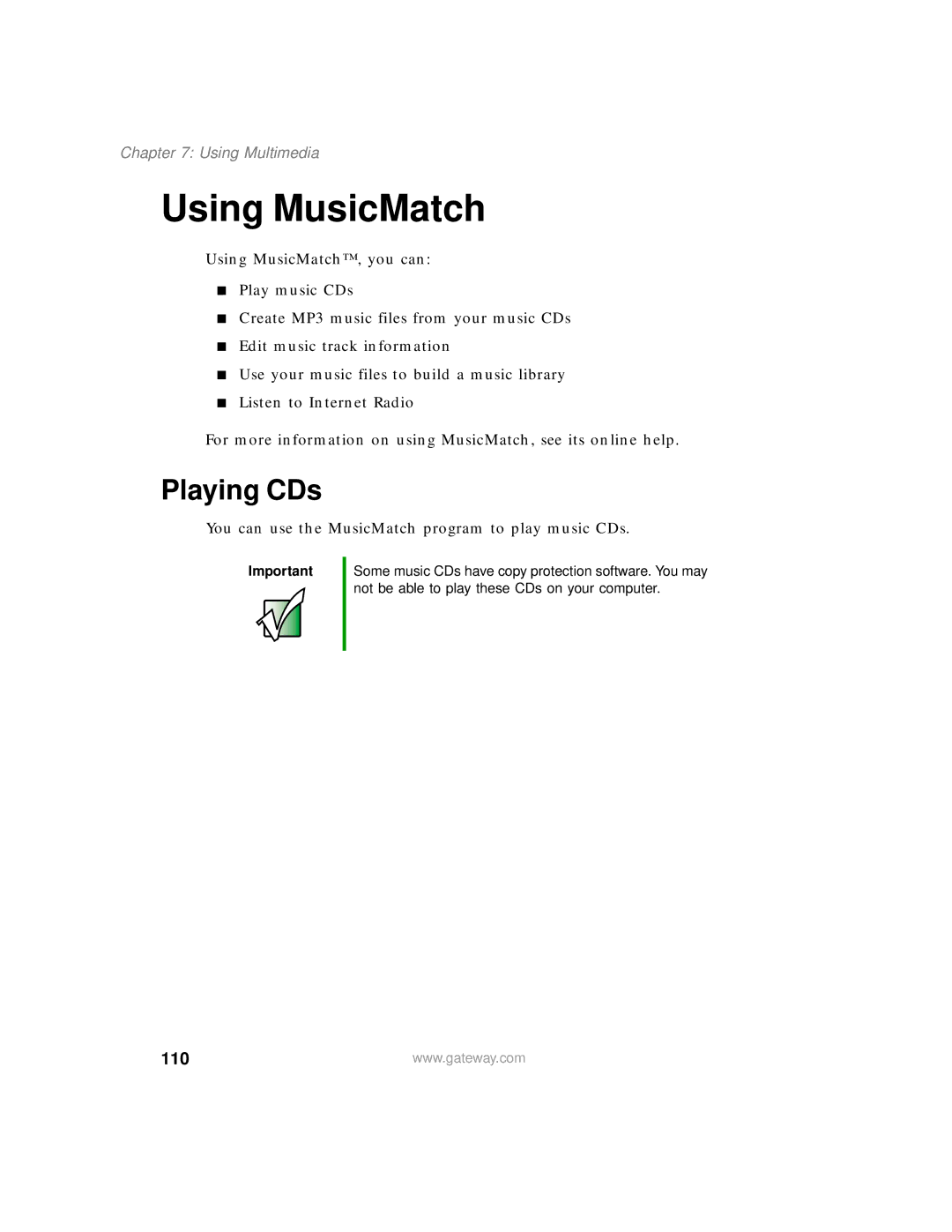 Gateway 200 manual Using MusicMatch, Playing CDs, 110 