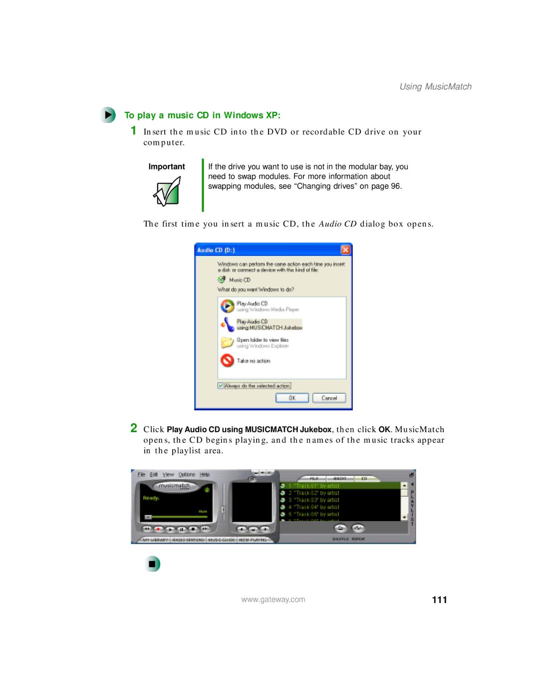 Gateway 200 manual To play a music CD in Windows XP, 111, Using MusicMatch 