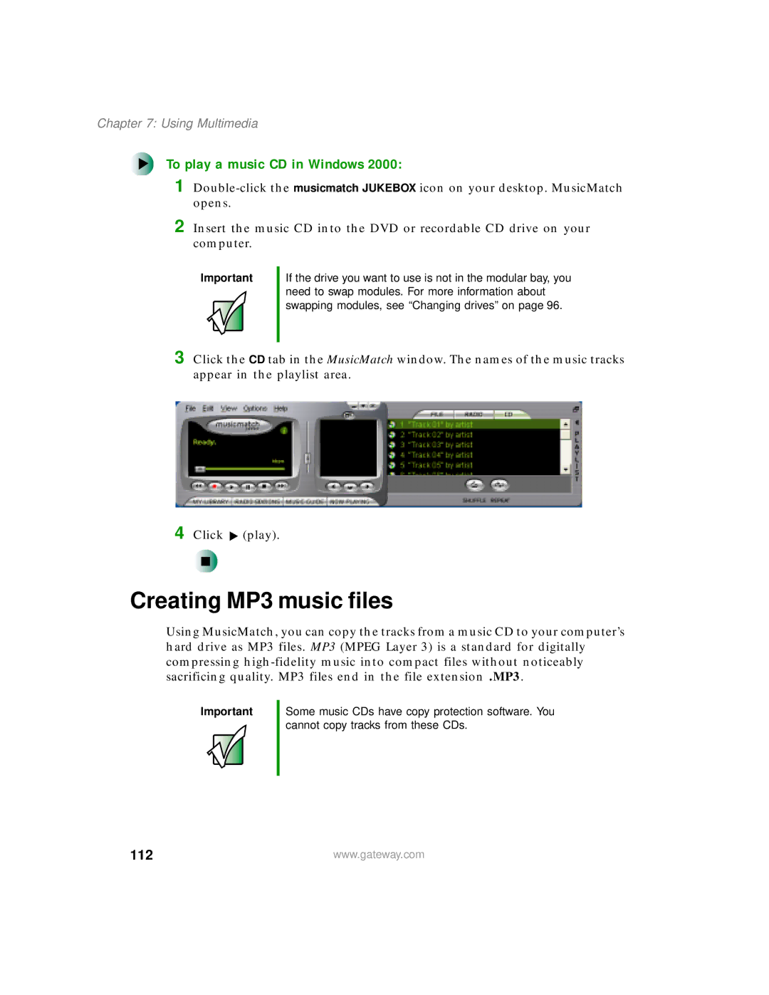 Gateway 200 manual Creating MP3 music files, To play a music CD in Windows, 112 